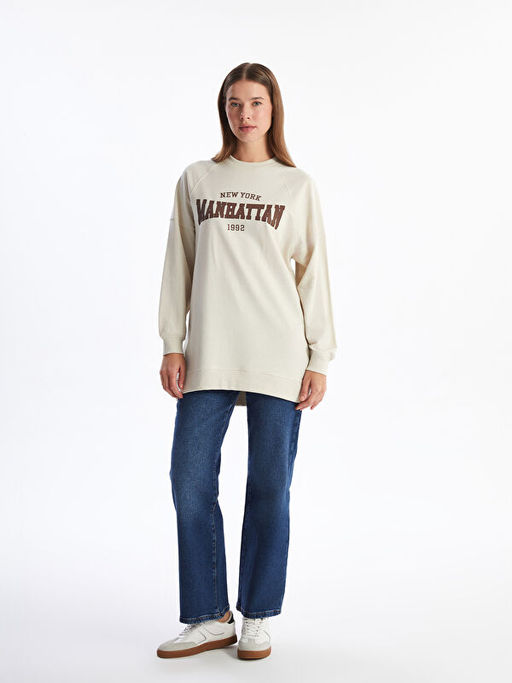 Bisiklet Yaka Bask?l? Oversize Kad?n Sweatshirt Tunik