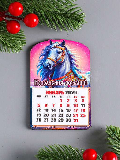Цена за 2 шт. Магнит на холодильник и календарь отрывной 2026 «Новогодний конь. Исполнения желаний», 9.5×6.5 см