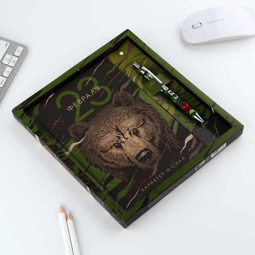 Подарочный набор «23 февраля медведь», ежедневник А5, 80 л в твердой обложке и ручка