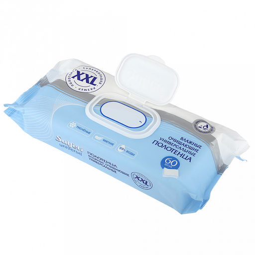 Полотенце влажное "Salfeti Universal XXL" 60шт в упаковке, очищающее, универсальное, пластмассовый клапан, голубой (Россия)