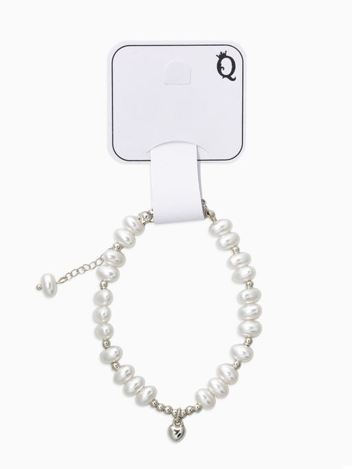 Браслет жемчуг «Рисинки с сердцем», L=18 см, белый в серебре