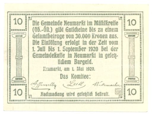 Банкнота 10 геллеров 1920 года Австрия  Нотгельд