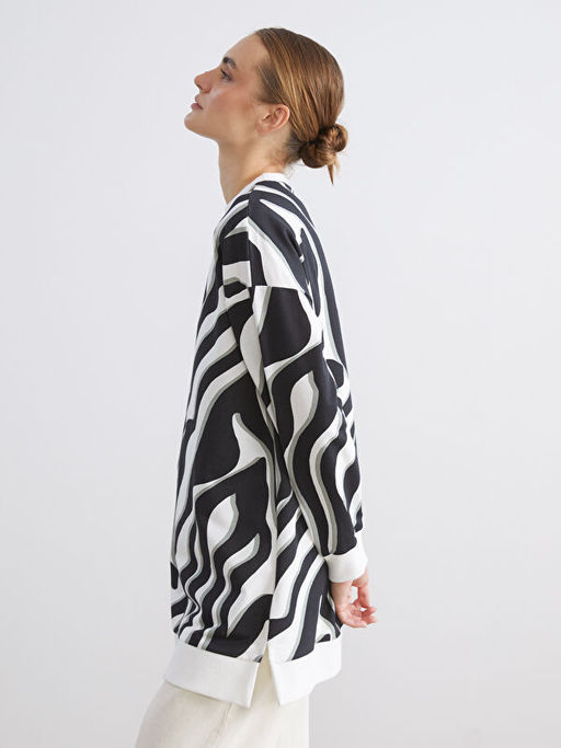B?y?k Beden Bisiklet Yaka Desenli Kad?n Sweatshirt Tunik