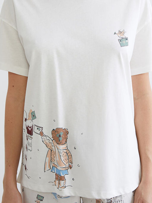 Bisiklet Yaka Bask?l? Kad?n ?ortlu Pijama Tak?m?