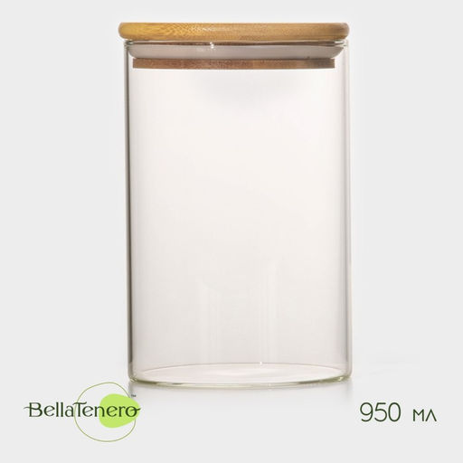 Банка для сыпучих BellaTenero Эко, 950 мл, 1015.5 см, с бамбуковой крышкой, стекло, прозрачная