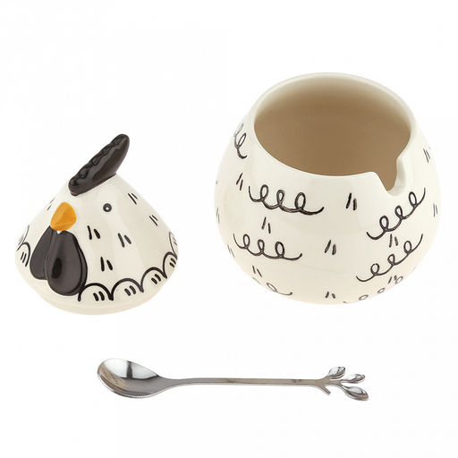 Банка для специй фарфоровая Петушок 460мл, д8-10,5см, h8,2см, с выемкой для ложки, общая h14,7см, металлическая ложка Веточка 12,3см, кремовый/черный с узором (Китай) - Домашняя мода фото 3