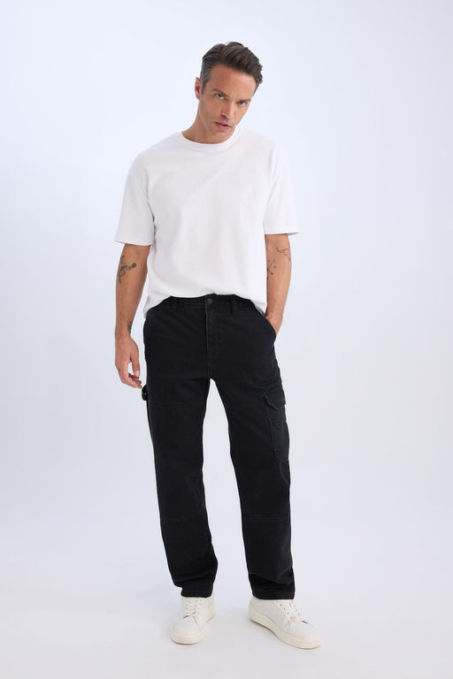 %100 Pamuk Relax Fit Rahat Kal_p Normal Bel Geni_ Pa_a Kargo Cepli Siyah Jean Pantolon - Defacto фото 4
