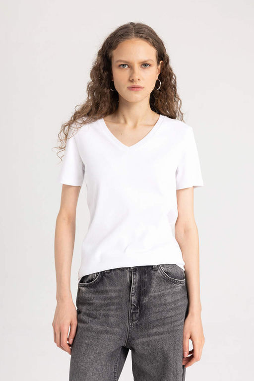 Базовая футболка в рубчик с короткими рукавами приталенного кроя и V-образным вырезом - Defacto фото 3