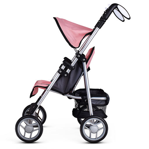 Коляска для кукол металлическая, складная, прогулочная с козырьком, с корзиной, цвет розовый, в пакете