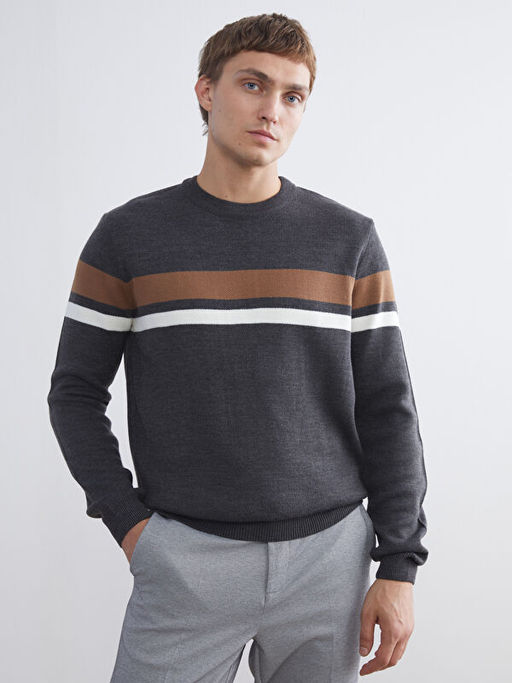 Bisiklet Yaka Uzun Kollu ?izgili Erkek Triko Kazak