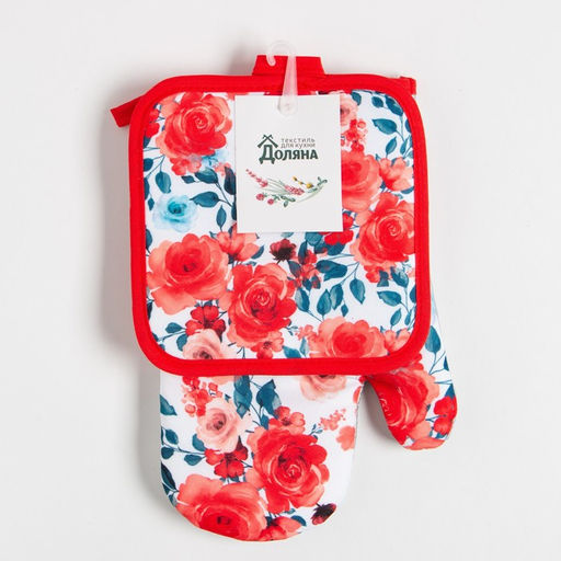 Цена за 2 шт. Кухонный набор Доляна «Розы» прихватка 17×17 см, варежка 25×16 см, 100% п/э