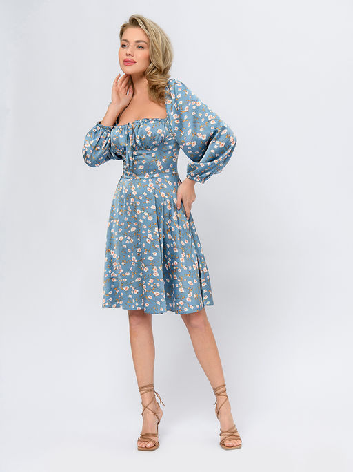 Платье серо-голубого цвета с принтом длины мини со сборкой на лифе - 1001dress фото 3