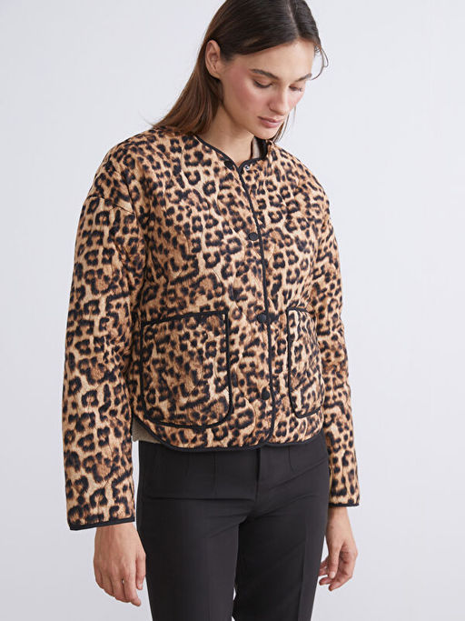 Bisiklet Yaka Leopar Desenli Kad?n Mont