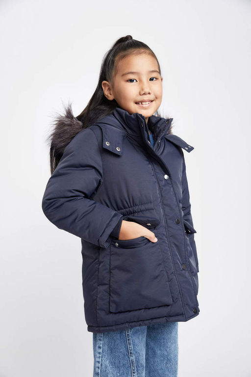 Водоотталкивающая куртка со съемным капюшоном и подкладкой из искусственного меха для девочек, пальто - Defacto фото 5