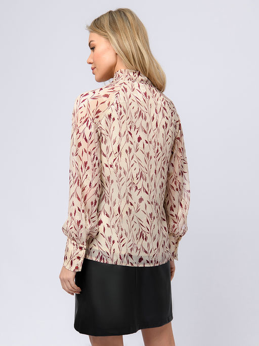 Блуза бежевая с принтом, бантом и длинными рукавами - 1001dress фото 3