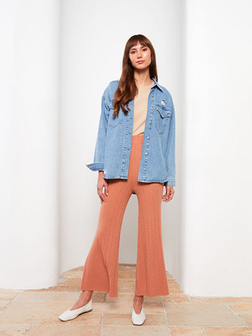 Kad?n Beli Lastikli D?z Triko Pantolon