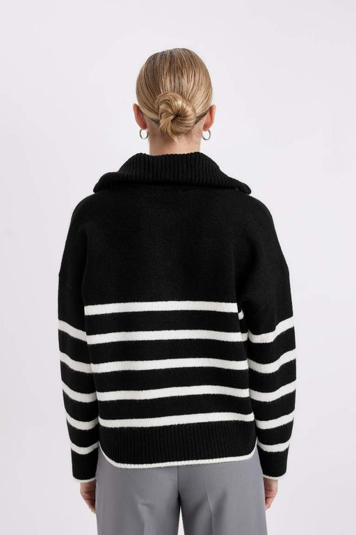 Женский вязаный свитер оверсайз с широким узором в полоску и половиной молнии с высоким воротником - Defacto фото 5