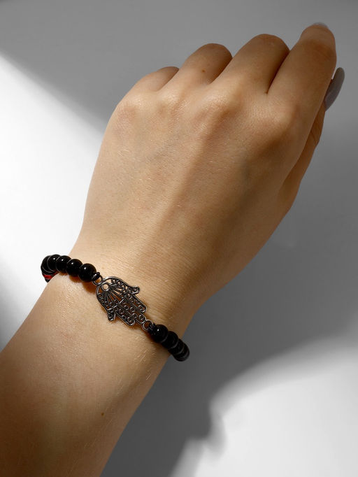 Цена за 4 шт. Браслет-оберег «Рука счастья Хамса» гранд, красно-чёрный с серебром, d=6 см