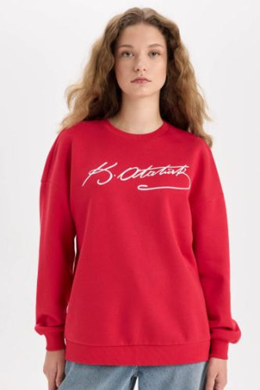 Oversize Genis Kal?p Ataturk Imzal? Bisiklet Yaka Kal?n Sweatshirt