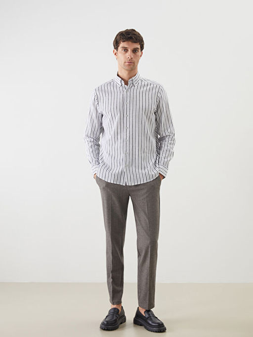 Regular Fit Uzun Kollu ?izgili Keten Kar???ml? Erkek G?mlek