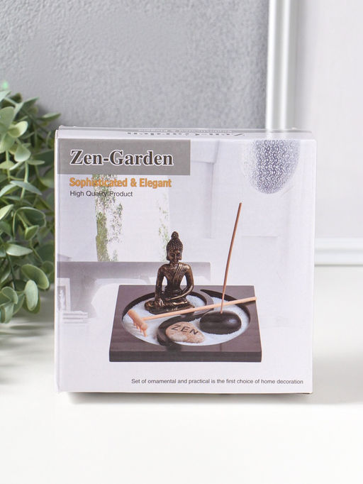 Сад Дзен "Будда в розовом, медитация у гонга" песок+камни+аромапалочки 13,2х15х16 см