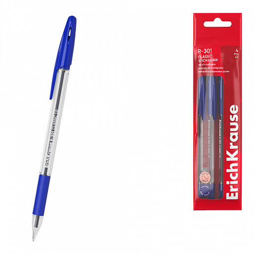Цена за 50 шт. Ручка шариковая ErichKrause R-301 Stick&Grip Classic 1.0, цвет чернил красный (в коробке по 50 шт.)