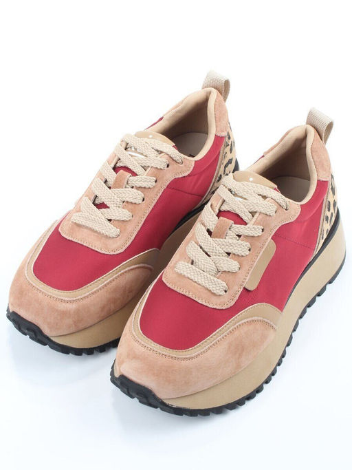 04-PDJ96-3 BEIGE/RED Кроссовки демисезонные женские (натуральная замша, натуральная кожа, текстиль)