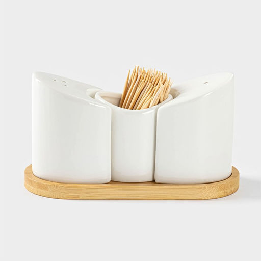 Набор для специй BellaTenero, солонка 60 мл, перечница 60 мл, ёмкость для зубочисток, на бамбуковой подставке, фарфор, белый фото 4