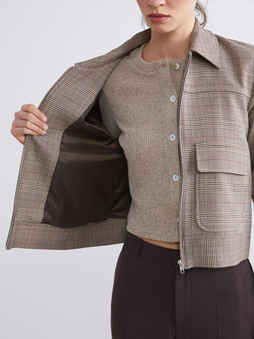 G?mlek Yaka Ekose Kad?n Ceket