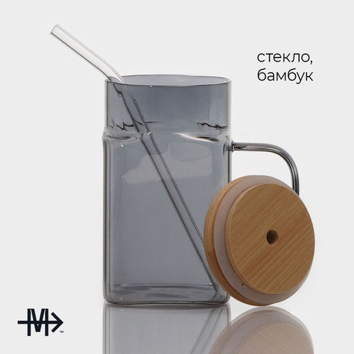 Банка Magistro Эко, 620 мл, ручка, трубочка, с бамбуковой крышкой, стекло, прозрачная, чёрная  фото 3