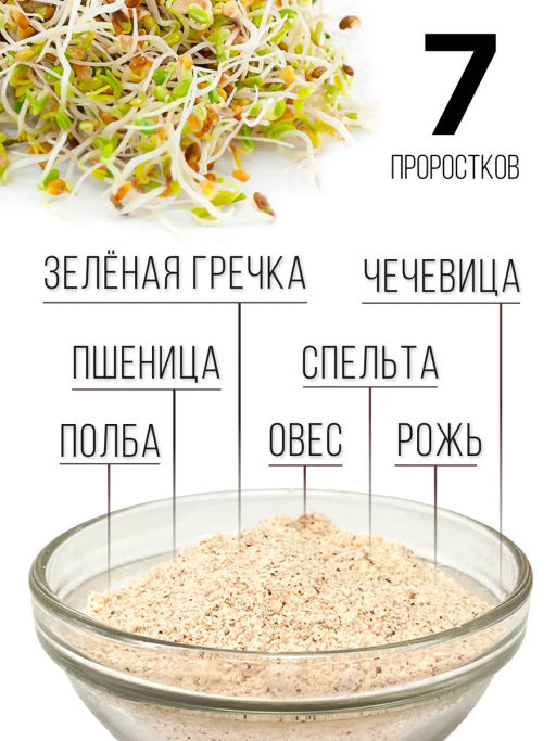 Смесь из семи видов проростков 200г (пшеница, полба, спельта, рожь, овес, чечевица, зеленая гречка)