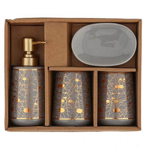 Набор для ванной "Золотые нити" 4 предмета: дозатор для мыла 360мл, д6,4см, h12,3см, основание д7,8см; мыльница 12х8х2,6см; стакан для зубных щеток с разделителем 350мл, д6,6см, h11см, основание д8см, стакан 350мл, д6,6см, h10,3см, основание д8см; фу