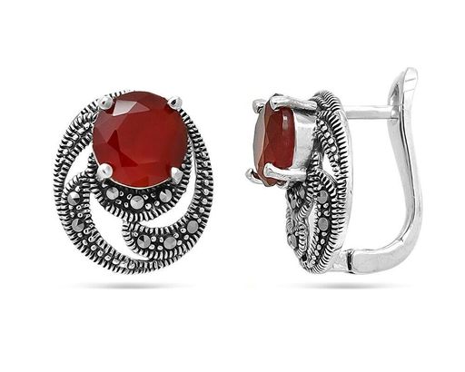 Серьги из серебра марказит, синт.рубин, SL-AGA1493