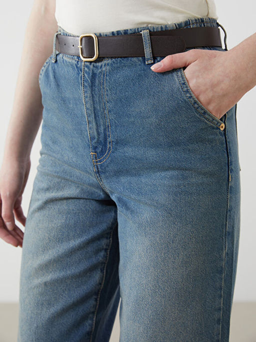 Beli Kemerli Wideleg Kad?n Jean Pantolon