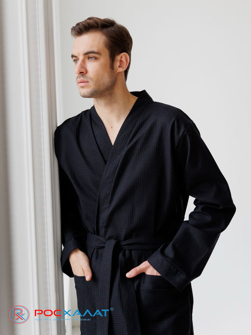 Мужской вафельный халат с планкой черный В-03 (27)