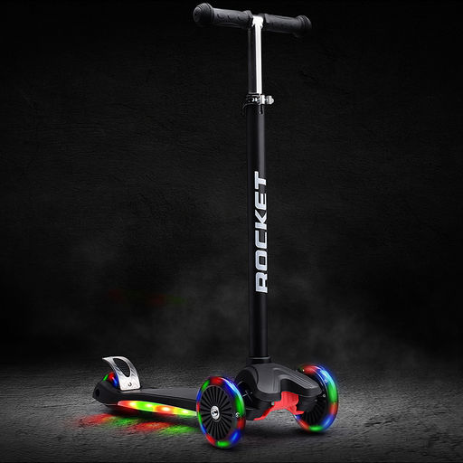 Самокат 3-х колесный ROCKET,колеса PU со светом, ABEC 7, черный