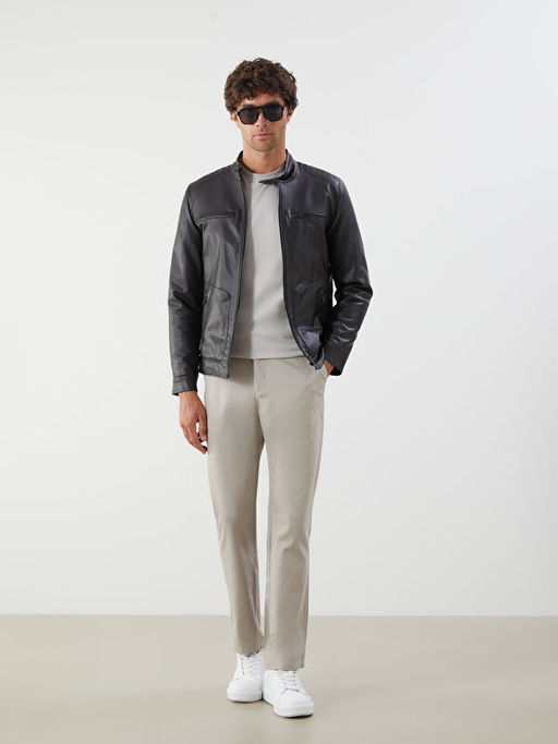 B?y?k Beden Standart Kal?p Biker Yaka Erkek Deri G?r?n?ml? Ceket