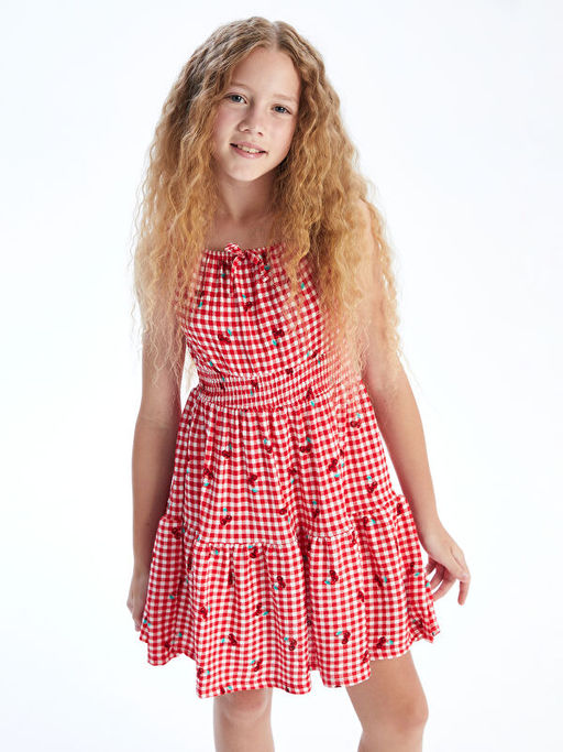 Kare Yaka Ekose K?z ?ocuk Elbise