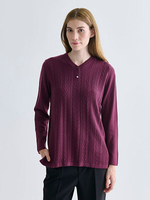 V Yaka Kendinden Desenli Kad?n Triko Kazak