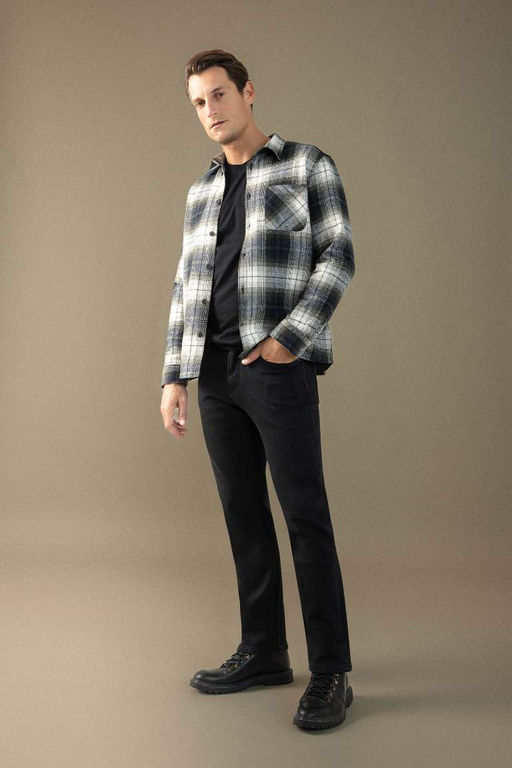 Фланелевая рубашка стандартного кроя с воротником поло и длинными рукавами в клетку - Defacto фото 2