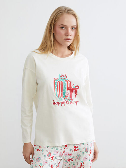 Bisiklet Yaka Bask?l? Kad?n Pijama Tak?m?