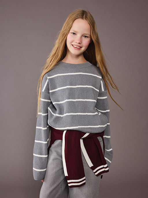 Bisiklet Yaka ?izgili K?z ?ocuk Triko Kazak