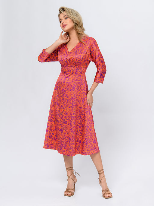 Платье оранжевого цвета длины миди с принтом и V-образным вырезом - 1001dress фото 3