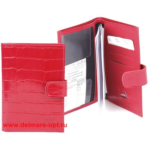 Обложка для автодокументов Premier-О-179 натуральная кожа (с хляст, 4внут карм, двойн стенка) красный крокодил (115) 142725