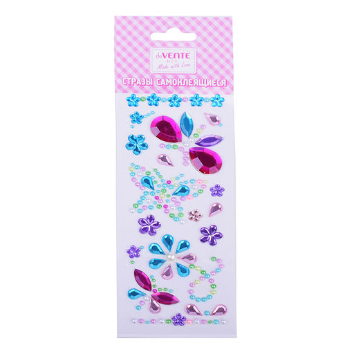 Стразы самоклеящиеся "Бабочки" акриловые, карточка 7,5x18 cм, цвета ассорти, в пластиковом пакете с блистерным подвесом