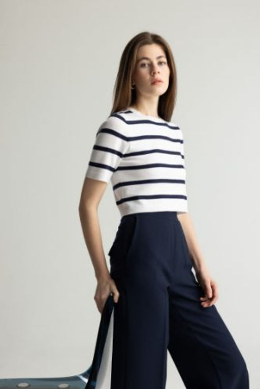 Fitted Bisiklet Yaka Cizgili K?sa Kollu Triko Tisort