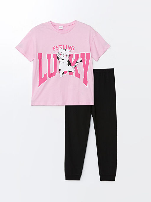 Bisiklet Yaka Bask?l? K?sa Kollu K?z ?ocuk Pijama Tak?m?