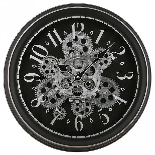 Часы настенные Механика д32см, h6,6см, циферблат Шестеренки вращающиеся, черный/потертое серебро; цифры арабские поверх стекла, серебристый; корпус пластик, черный; в лотке (Китай)