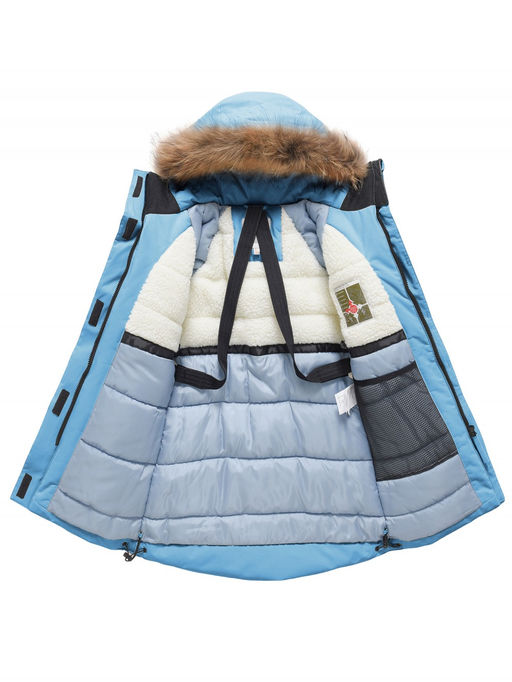Парка зимняя подростковая для девочки с капюшоном и мехом бирюзового цвета 9534Br