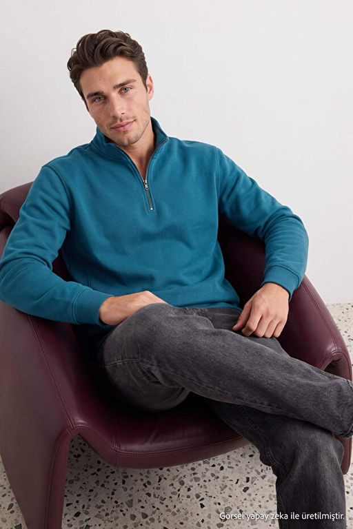 Petrol Regular/Normal Kesim Dik Yaka Fermuarl_ __i Polar/S_cak Tutan Basic Sweatshirt TMNAW24SW00041 - Trendyolmilla фото 2